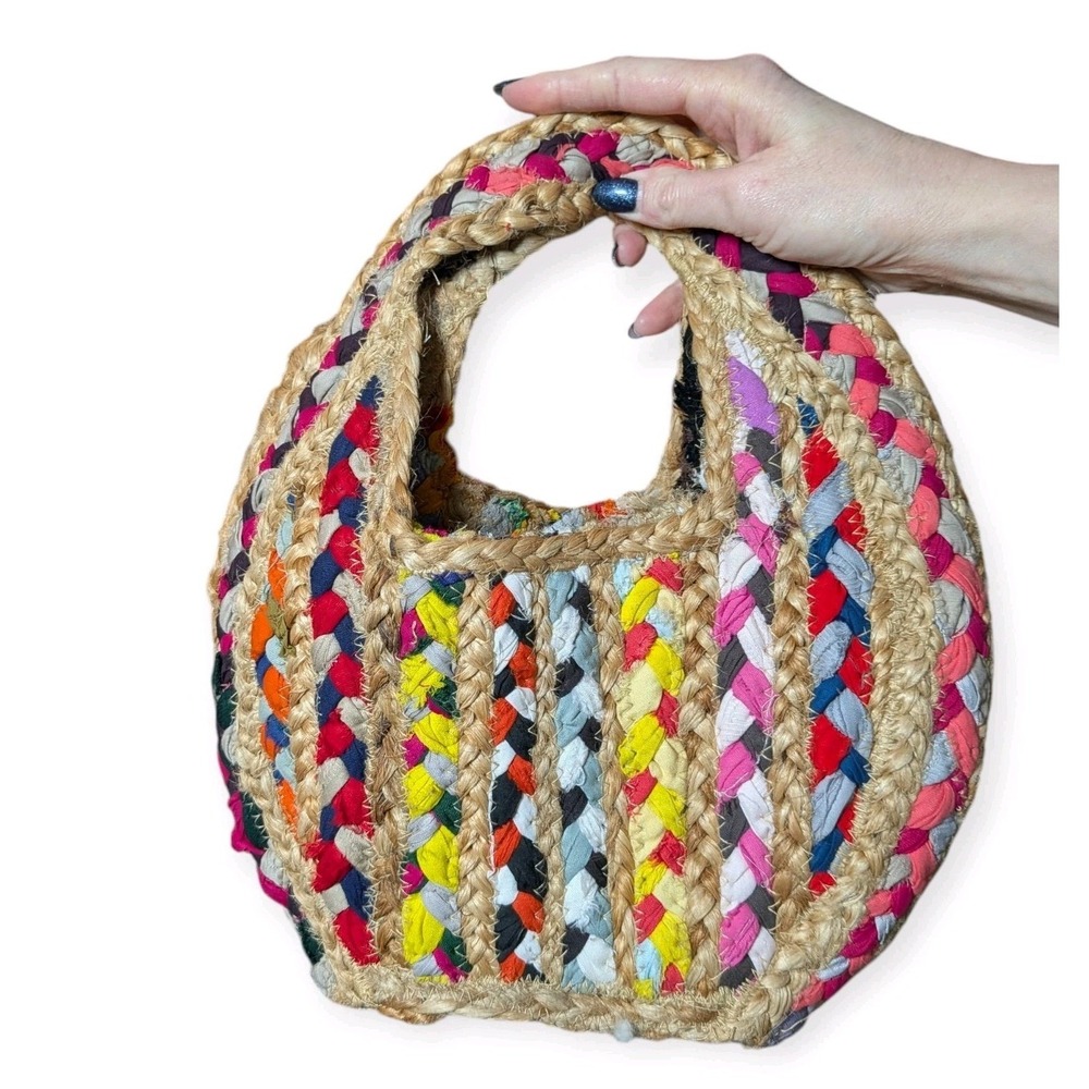 Magid Petite Striped Jute Trapeze Tote Multicolor Boho Beach Straw Bag NWT